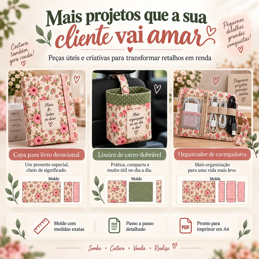 Projetos de capa para livro devocional, lixeira de carro dobrável e organizador de carregadores com molde e passo a passo