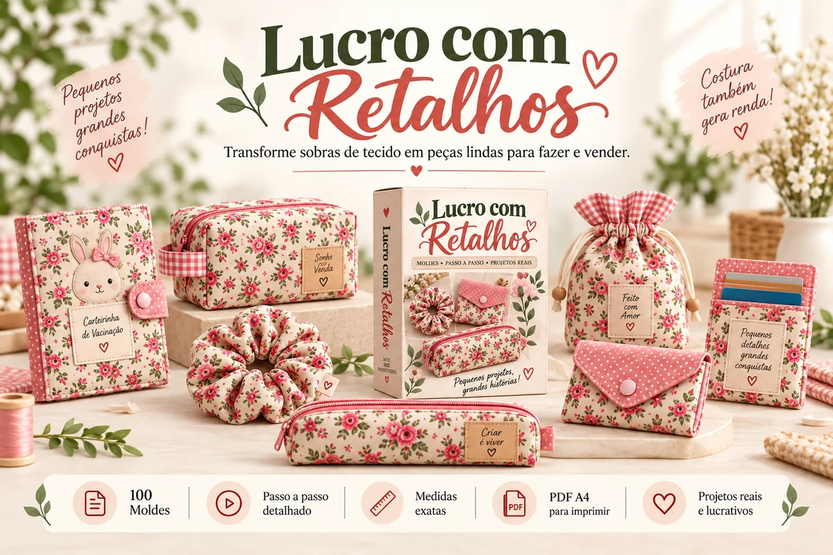 Retalhos de Valor: 100 moldes com passo a passo detalhado e medidas exatas, em PDF A4, com peças prontas costuradas a partir de sobras de tecido