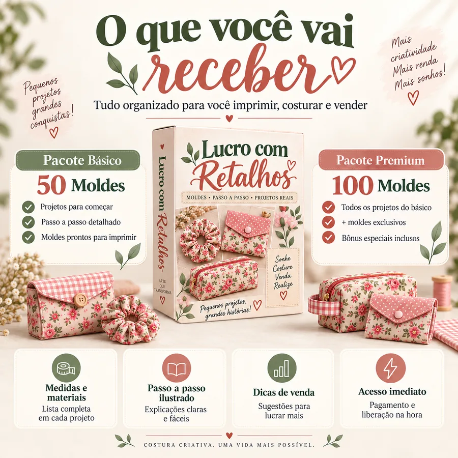 Tudo que vem no Pacote Premium Retalhos de Valor: moldes, medidas, passo a passo e dicas de venda